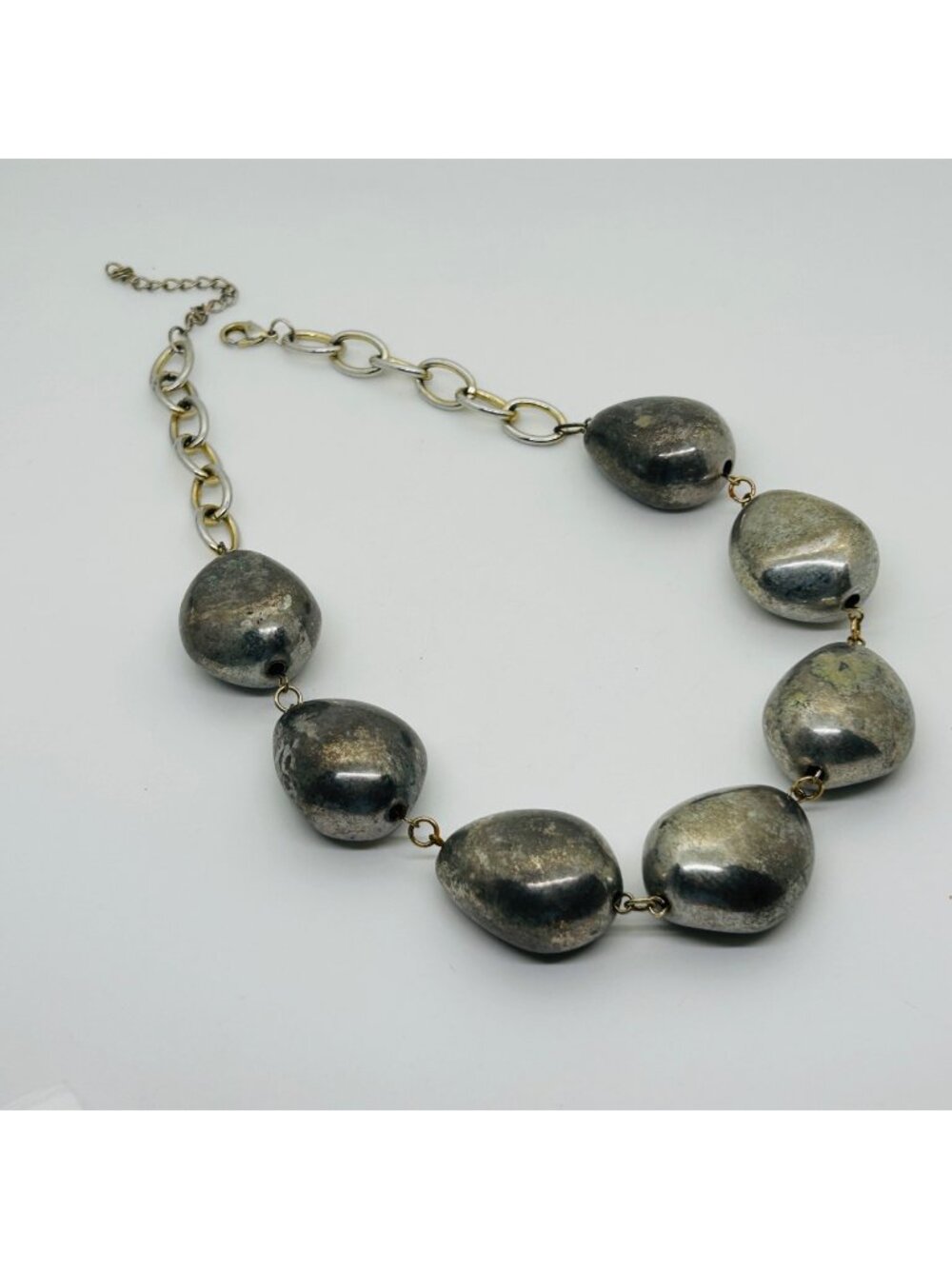 Chunky Mixed Metal Statement Necklace Large Nugget Acrylic Bead Silver Gold Tone